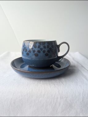 Denby Midnight Blue Handcrafted Flat Cup And Saucer Set Vintage